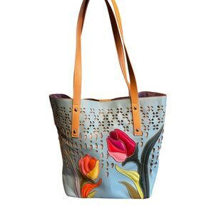 Sharif 1827 tote bag sky blue leather vibrant floral tulip appliqués cut-out